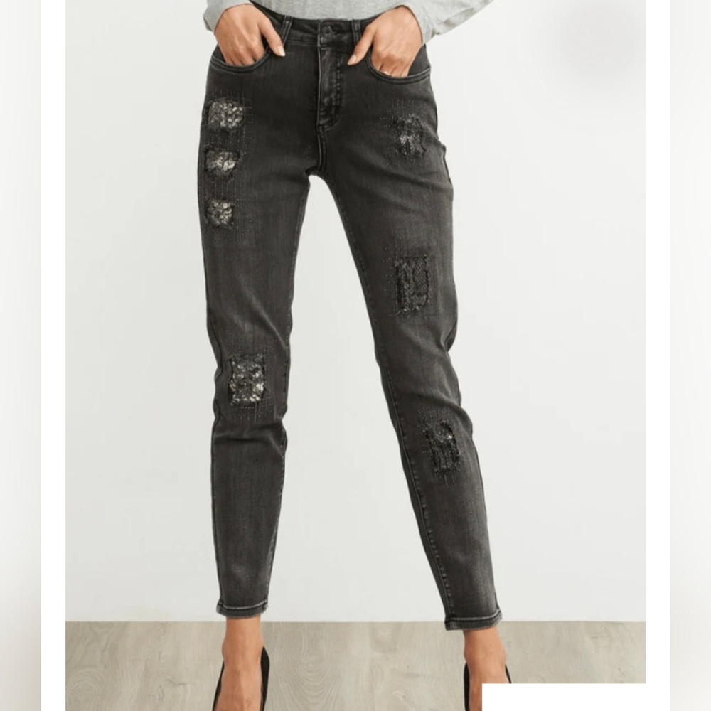 Joseph Ribkoff Black Washed Adorned Patched Stretch Denim Jeans Size 8